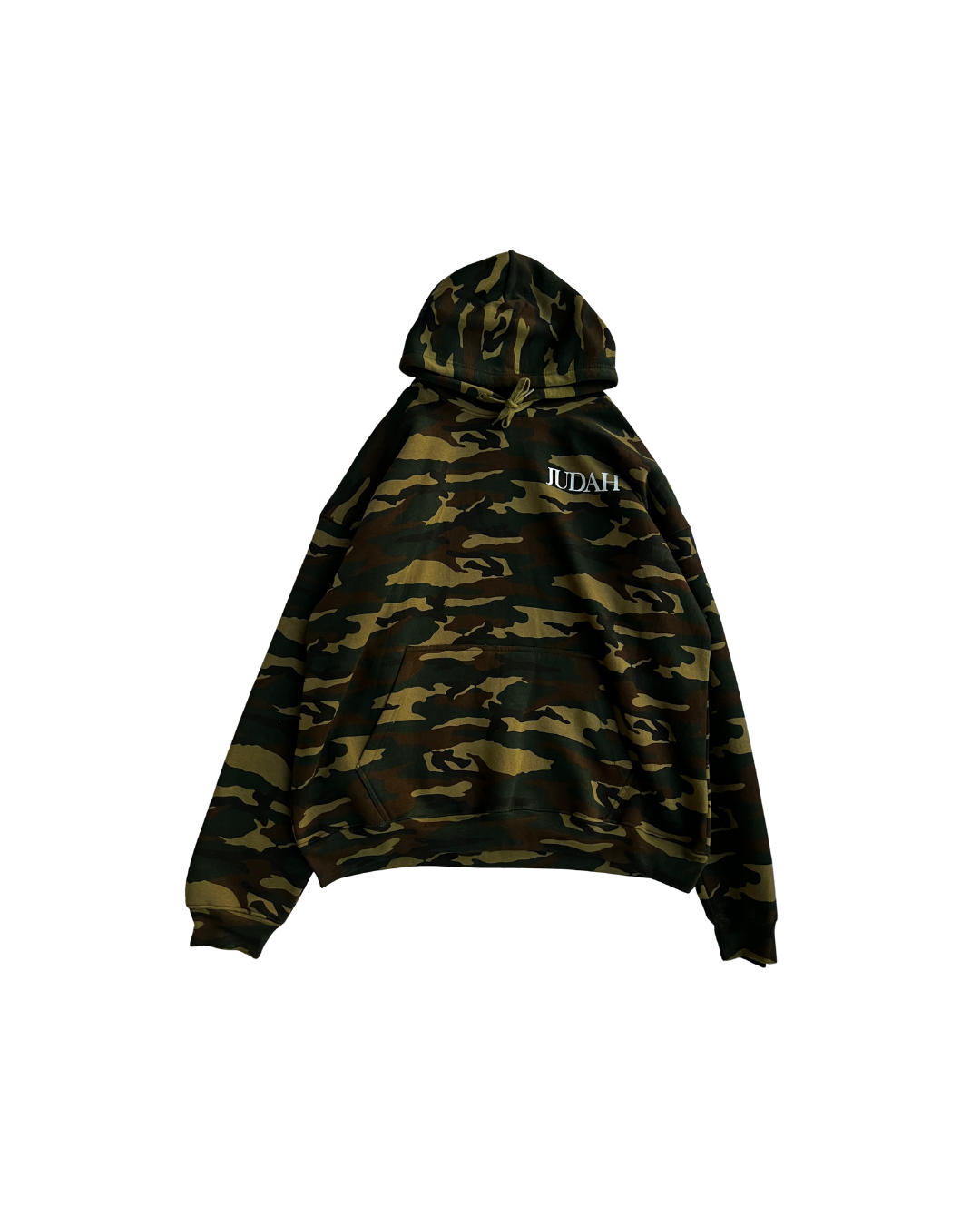 Camouflage hoodie with a brand logo on a white background