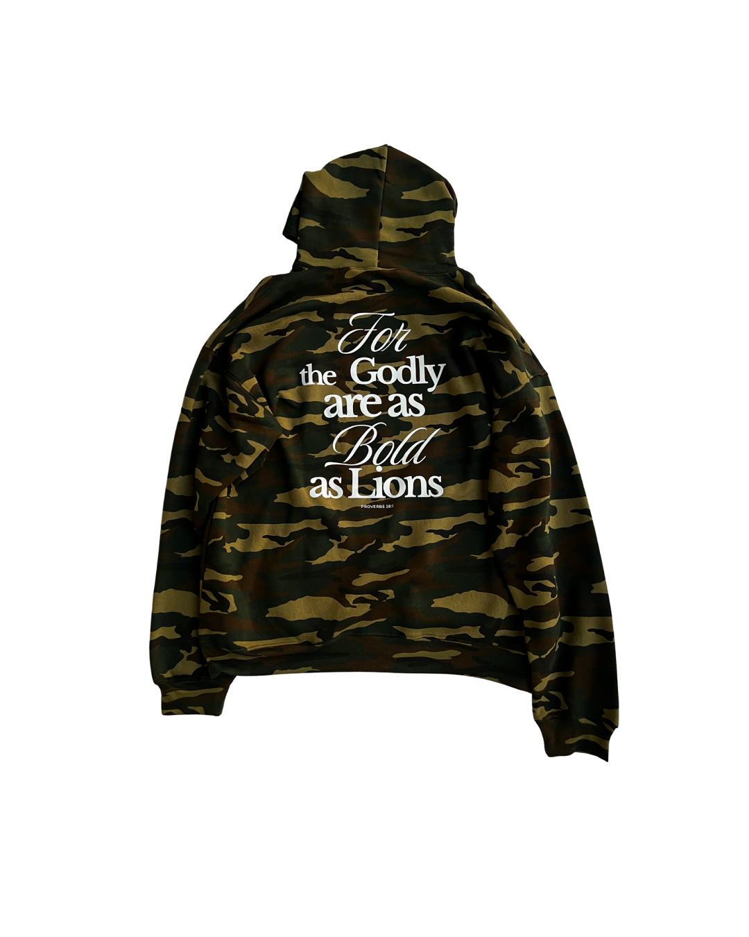 Camouflage hoodie with text on a white background