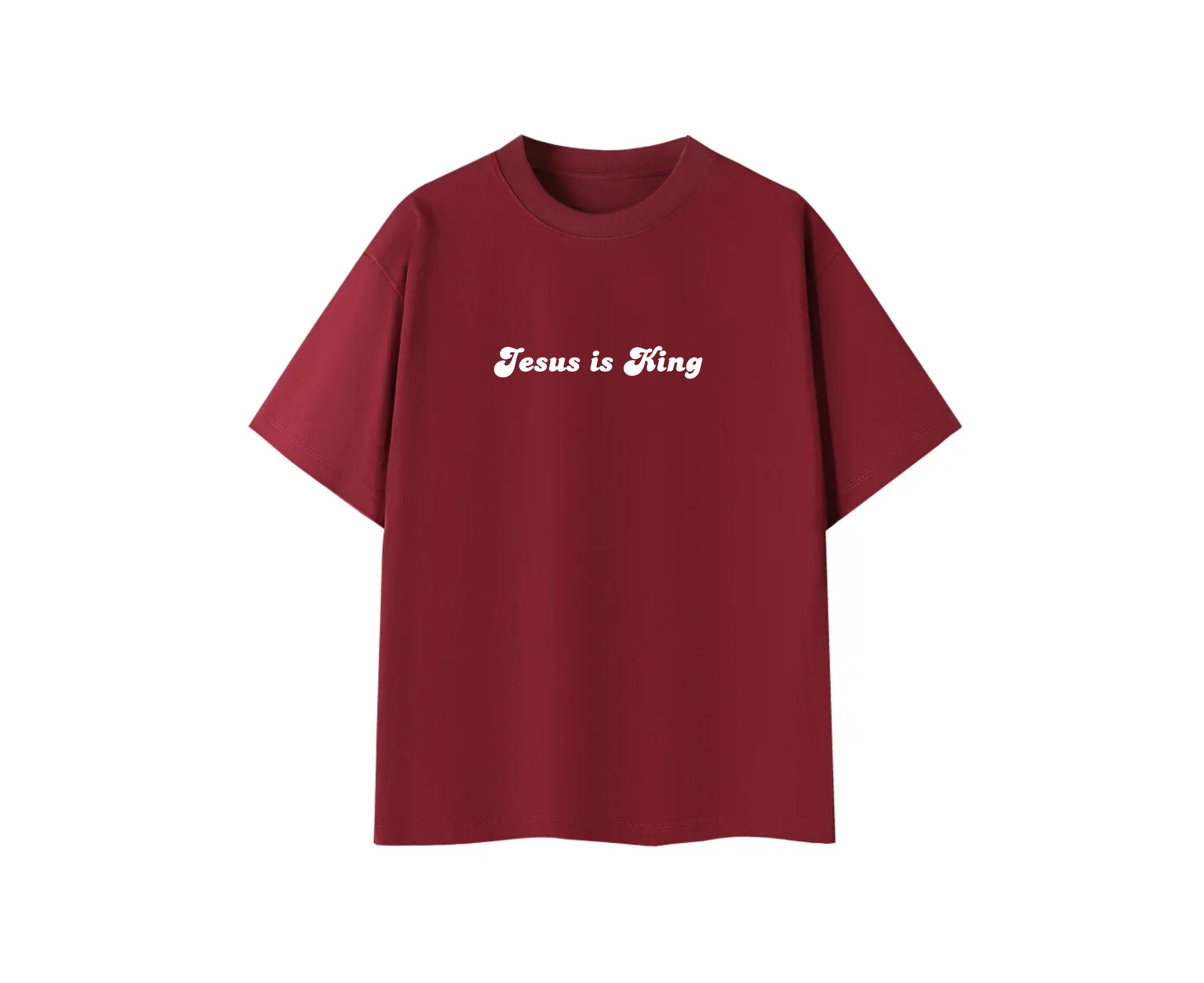Red t-shirt with 'Jesus is King' text on a white background