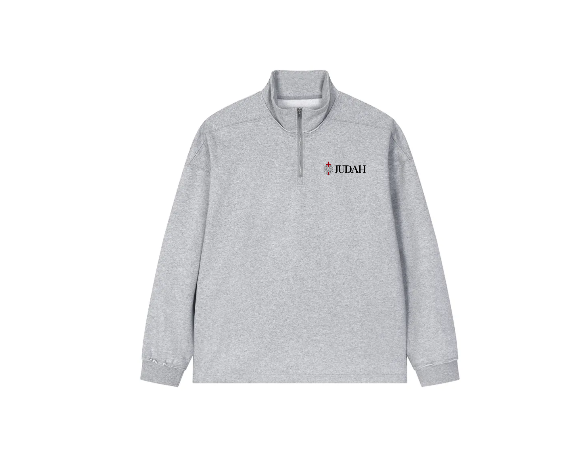 Gray quarter zip with 'JUDAH' branding on a white background