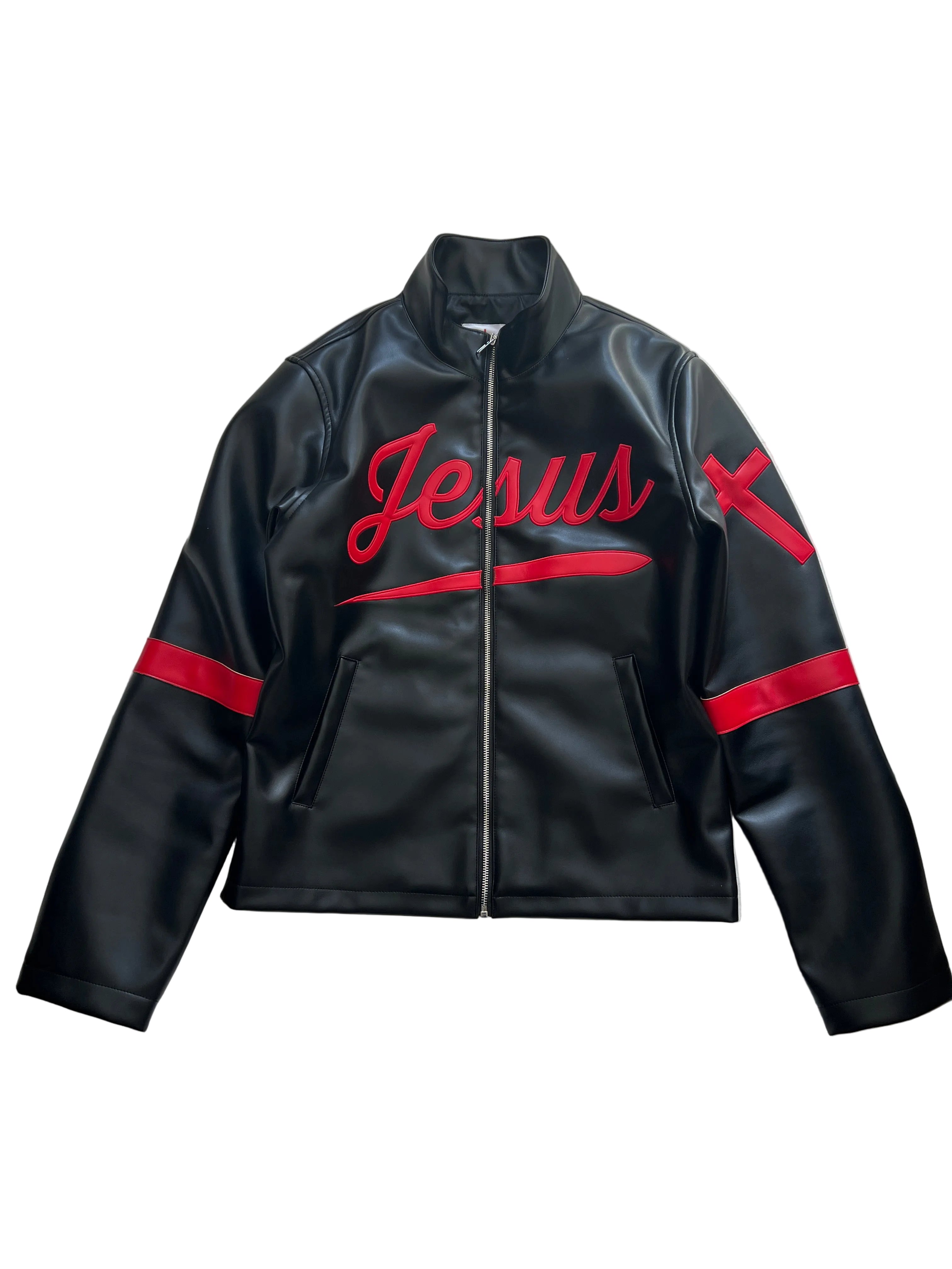 Black faux leather jacket with the words 'JESUS' across.
