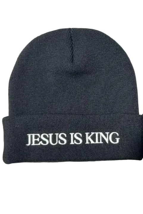 Black beanie with 'Jesus is King' text on a white background