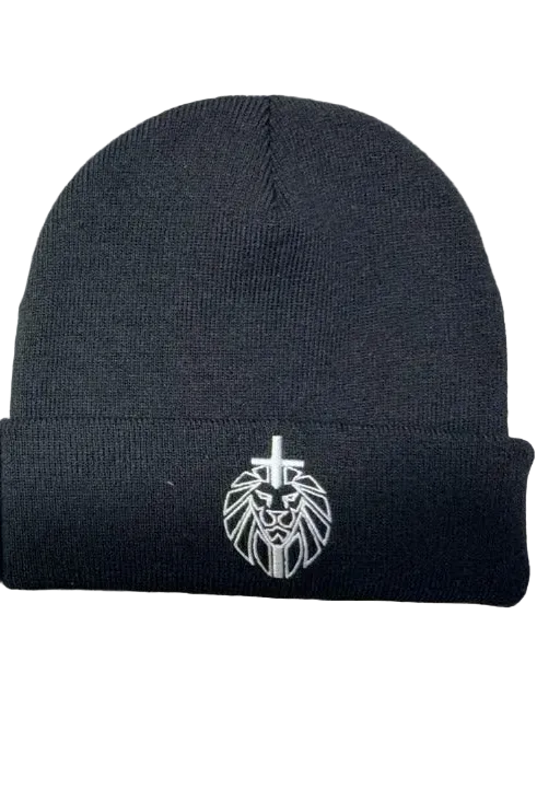 Black beanie with a white embroidered lion emblem on a white background
