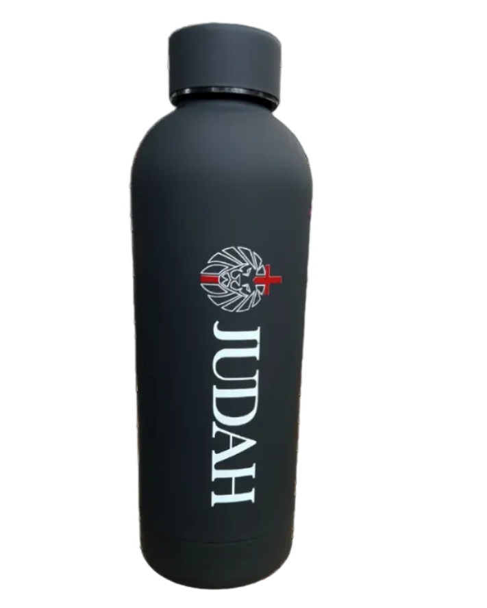 Black water bottle with 'Judah' branding on a white background