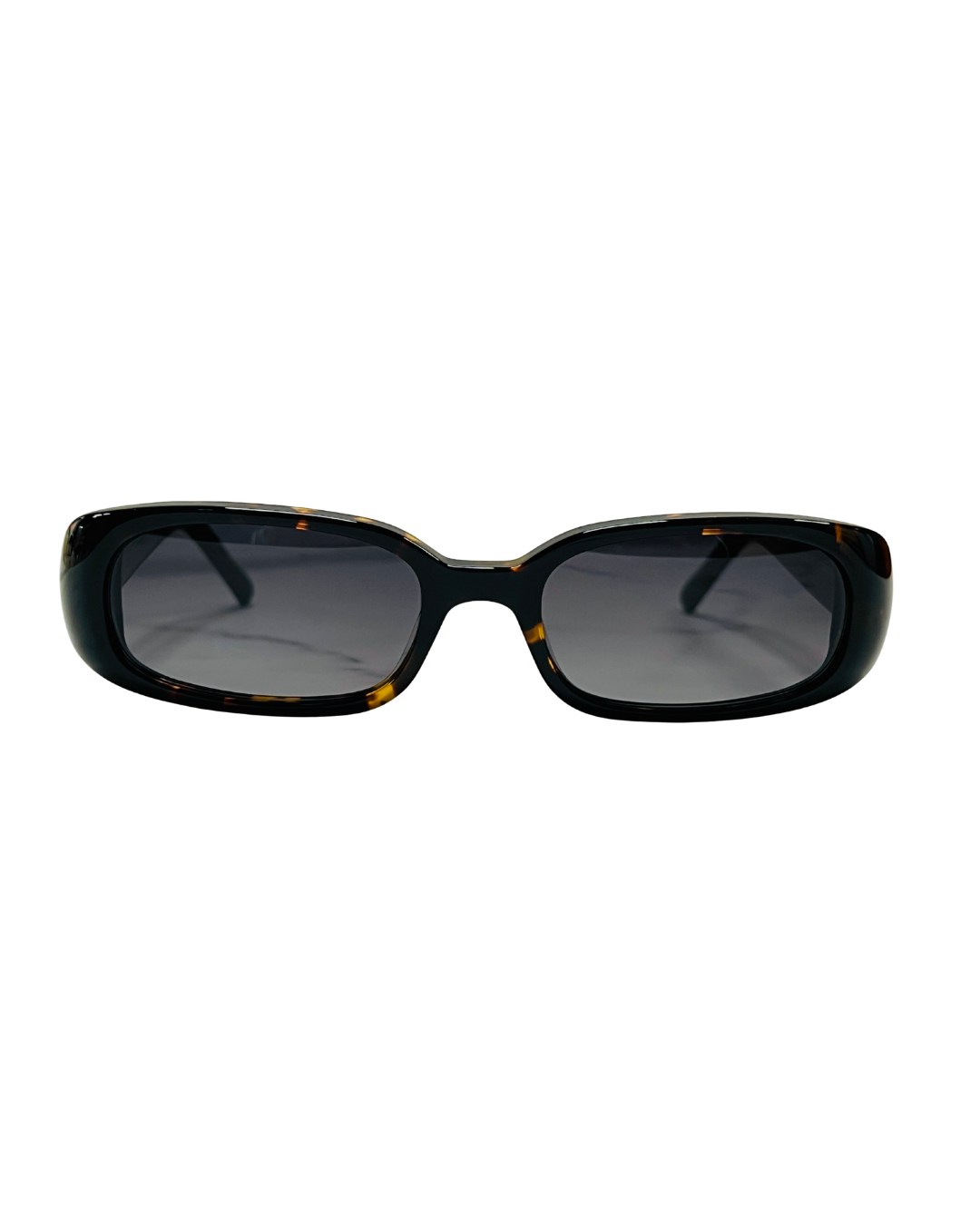 Black sunglasses with dark lenses on a white background